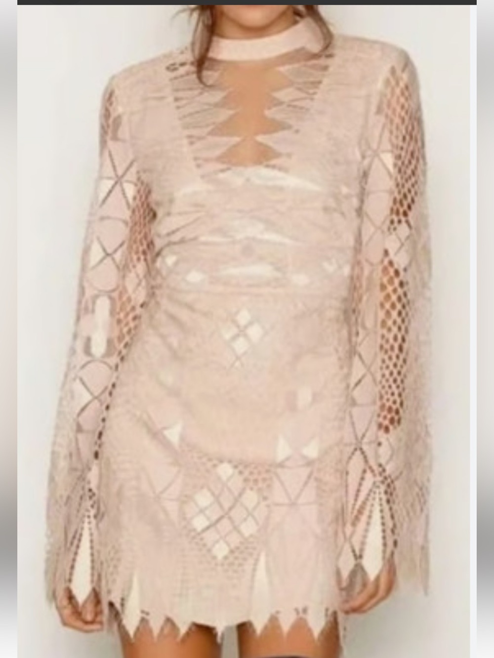 Free People Women's Nude Lace and shimmer Long-Sleeve Mini Dress